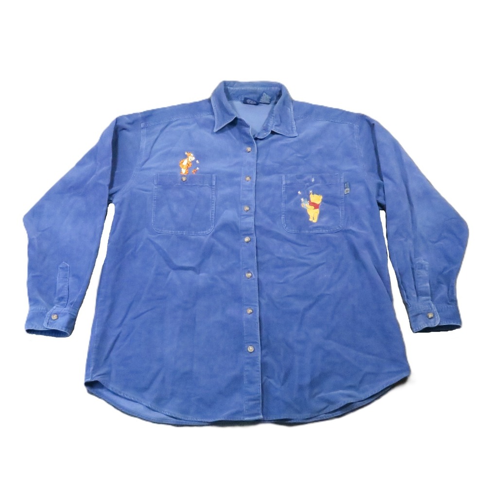 Disney Winnie The Pooh Corduroy Shirt L Blue Embroidered Vintage 90s Y2K Tigger